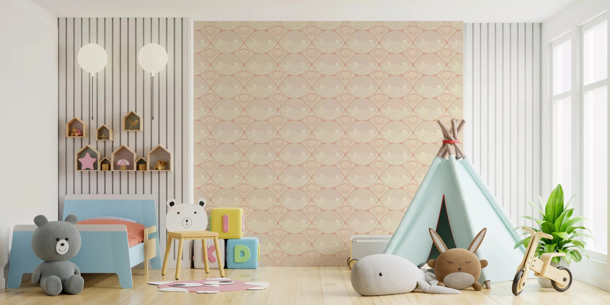 Kids playroom  uses the large-scale Seaside Wallpaper as a main focal point.