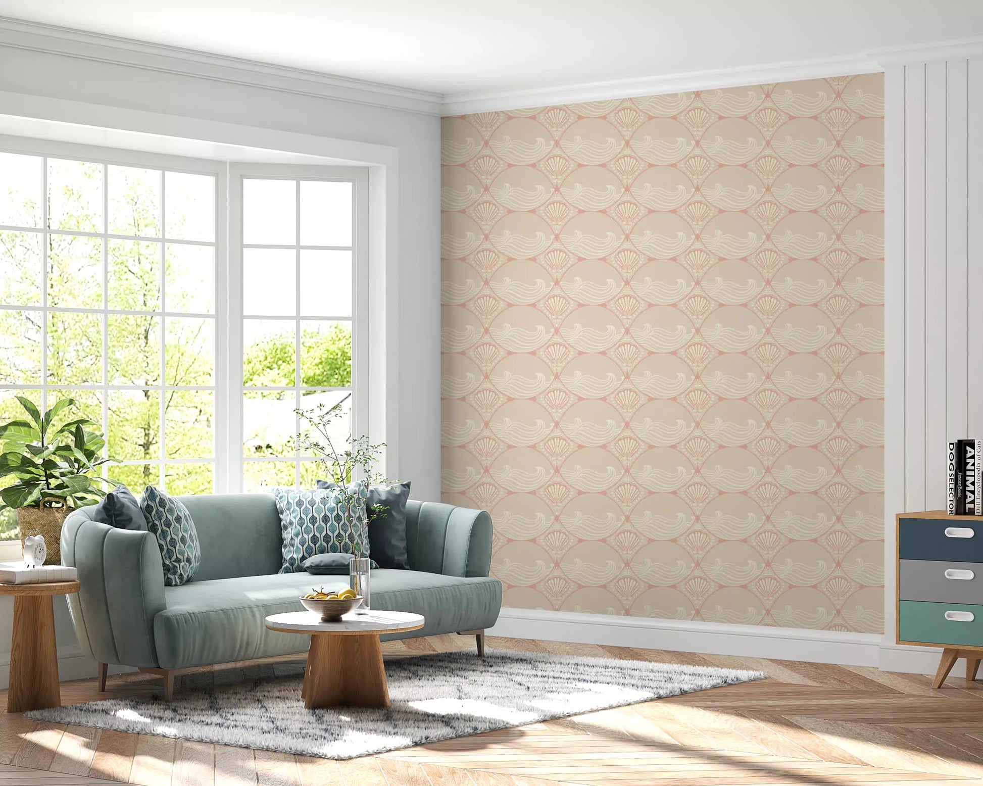 Intricate shells and ocean waves on the Seashell Serenity Waves Wallpaper surface.