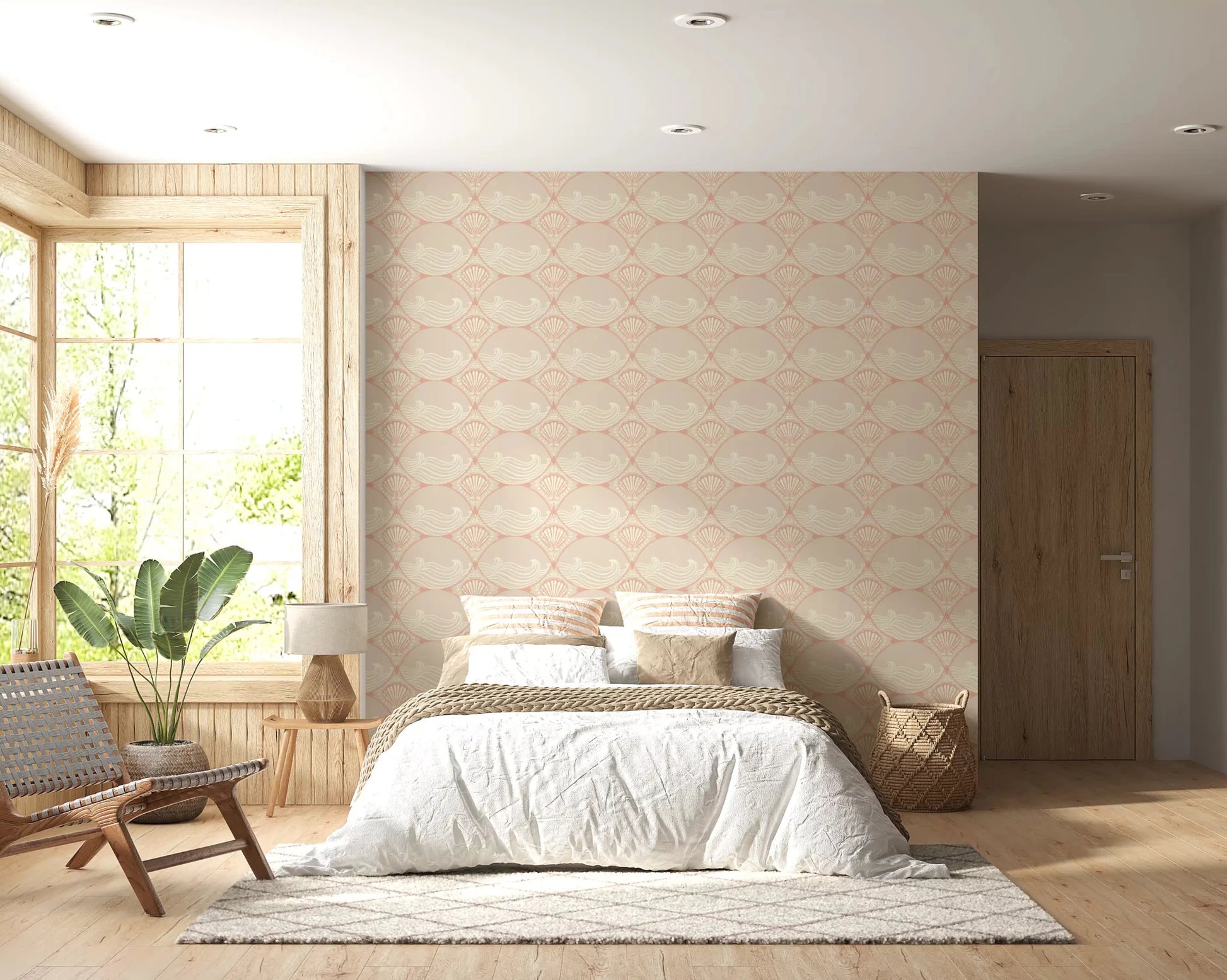 Bedroom with the complex geometric Seaside Serenity Pattern Wallpaper applied.