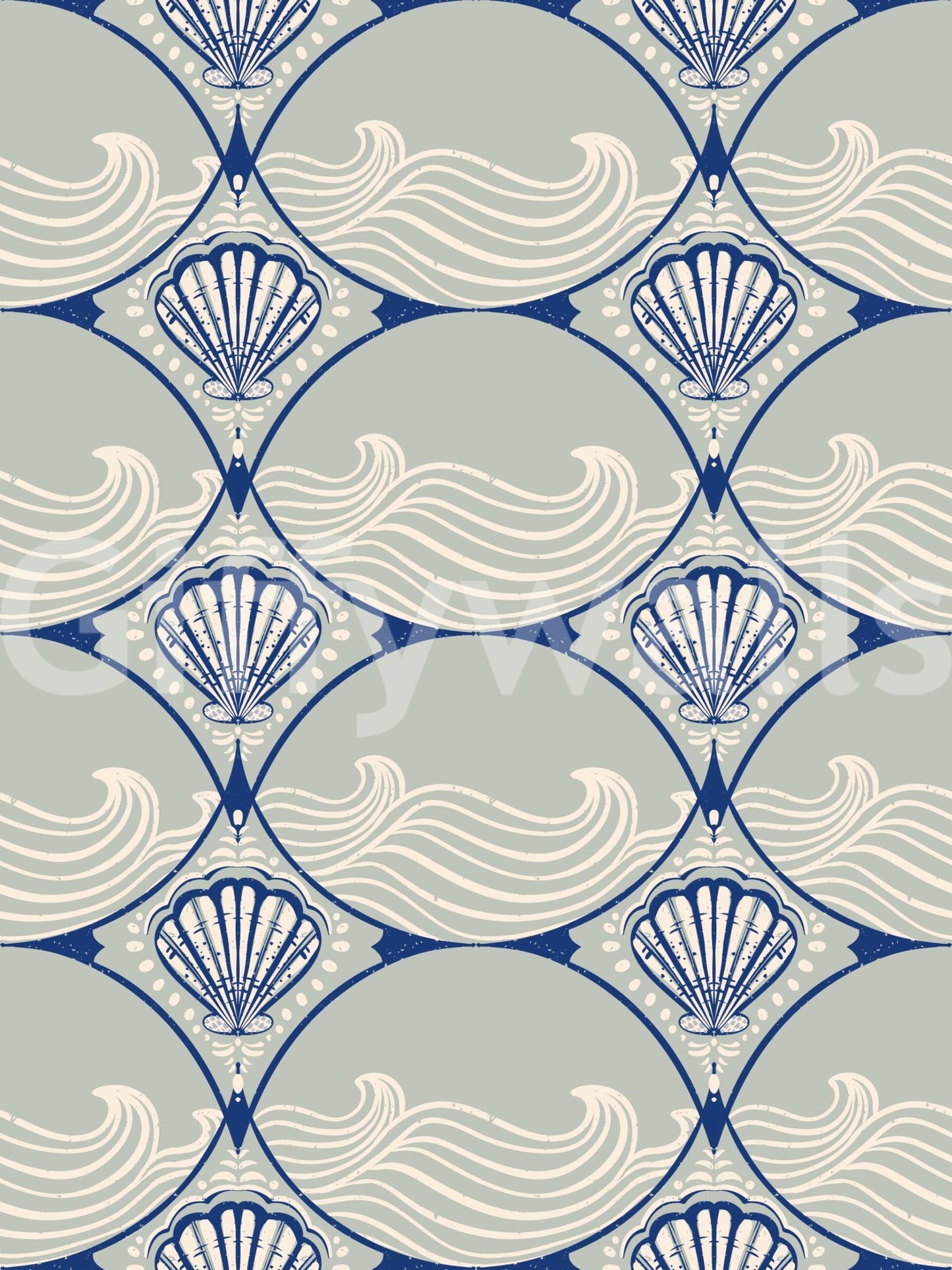 Single panel showing the symmetrical Seaside Serenity Scallop Wallpaper pattern.