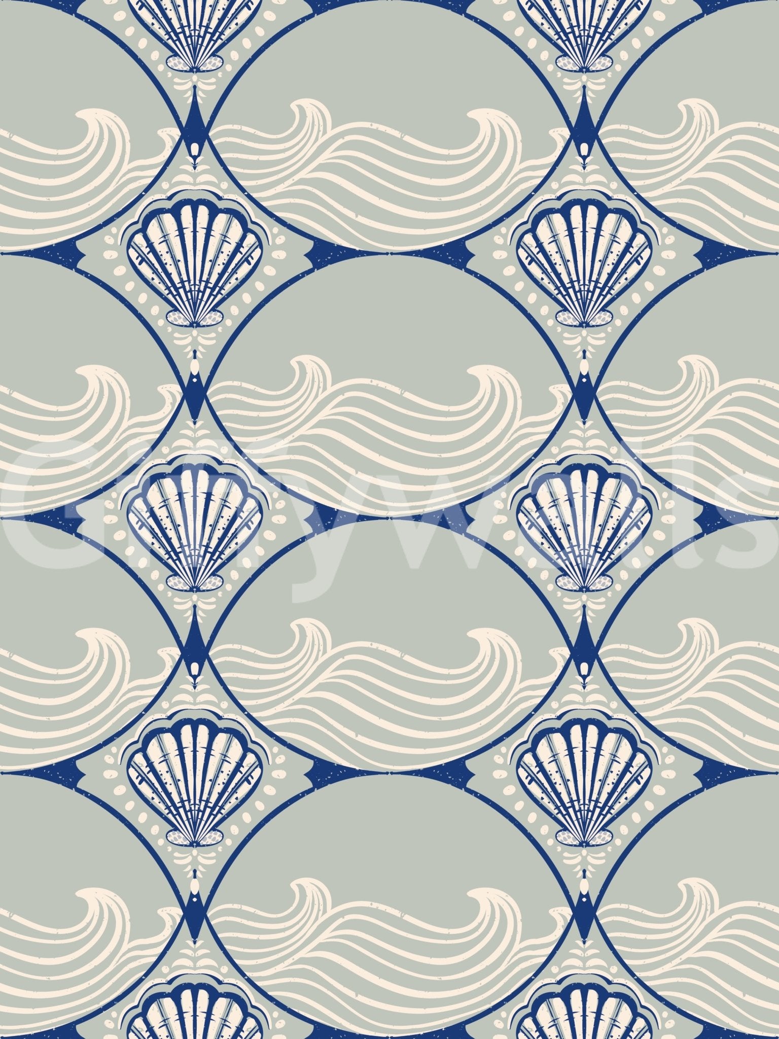 Single panel showing the symmetrical Seaside Serenity Scallop Wallpaper pattern.