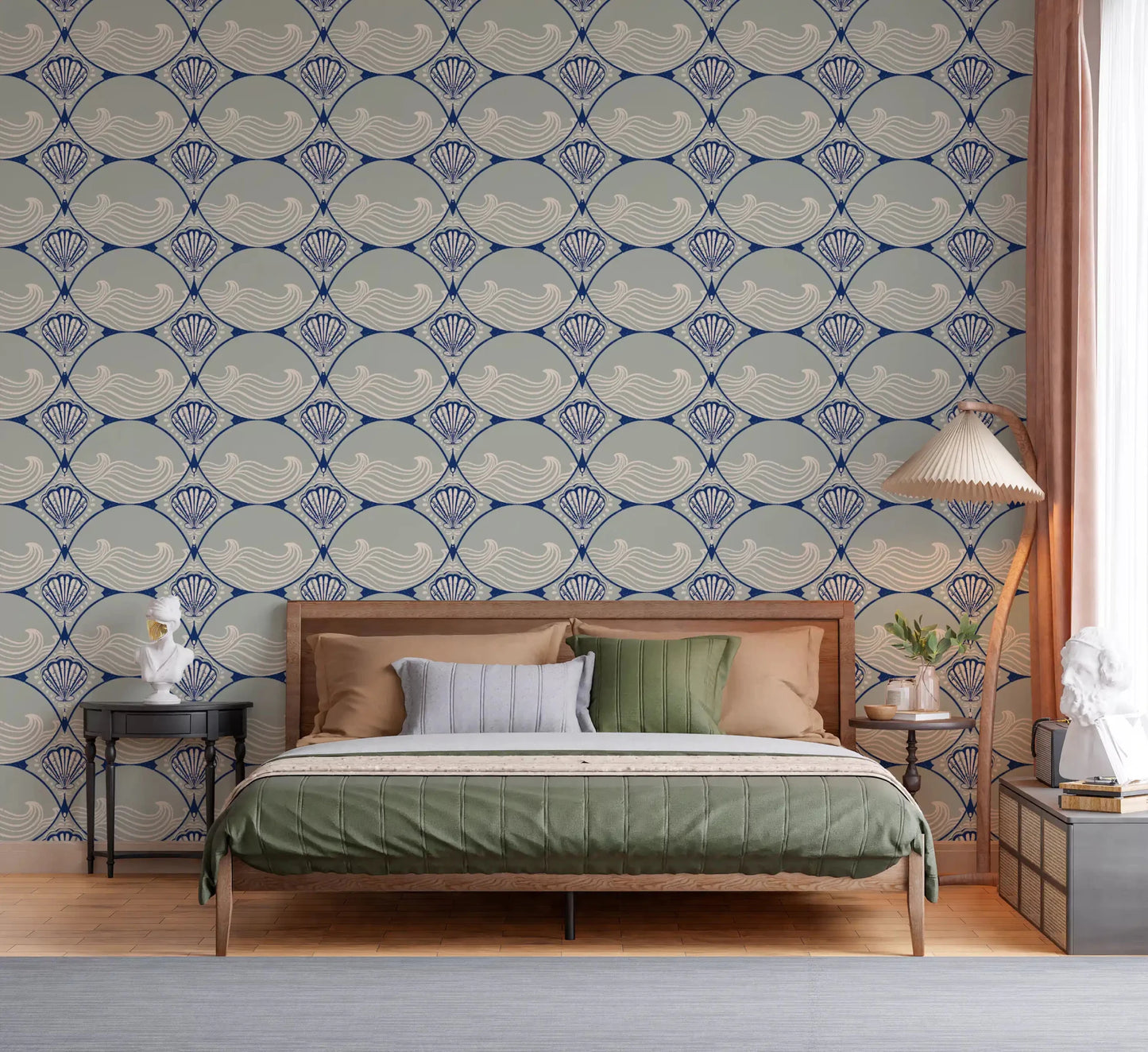 Symmetrical geometric ocean motifs in the Seaside Serenity Scallop Wallpaper.