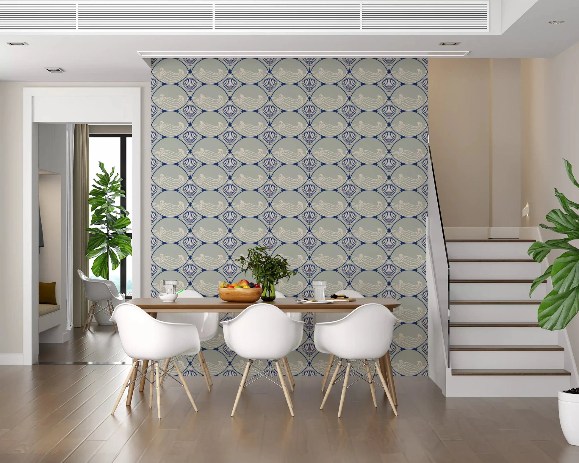 Large Dinign room area covered in the blue Seaside Serenity Scallop Wallpaper tone.