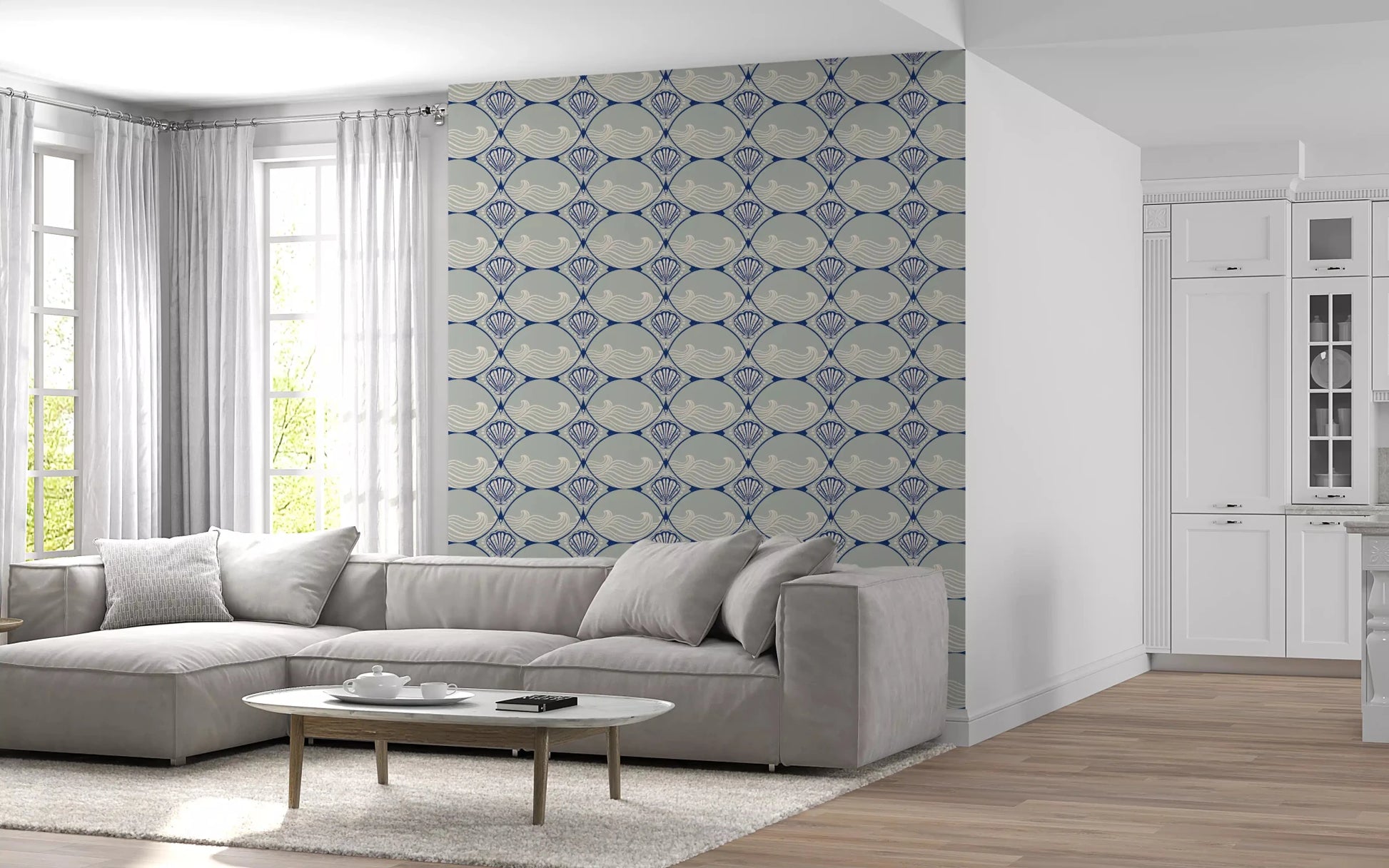 Close up view of the shells and waves on the Seaside Serenity Scallop Wallpaper.
