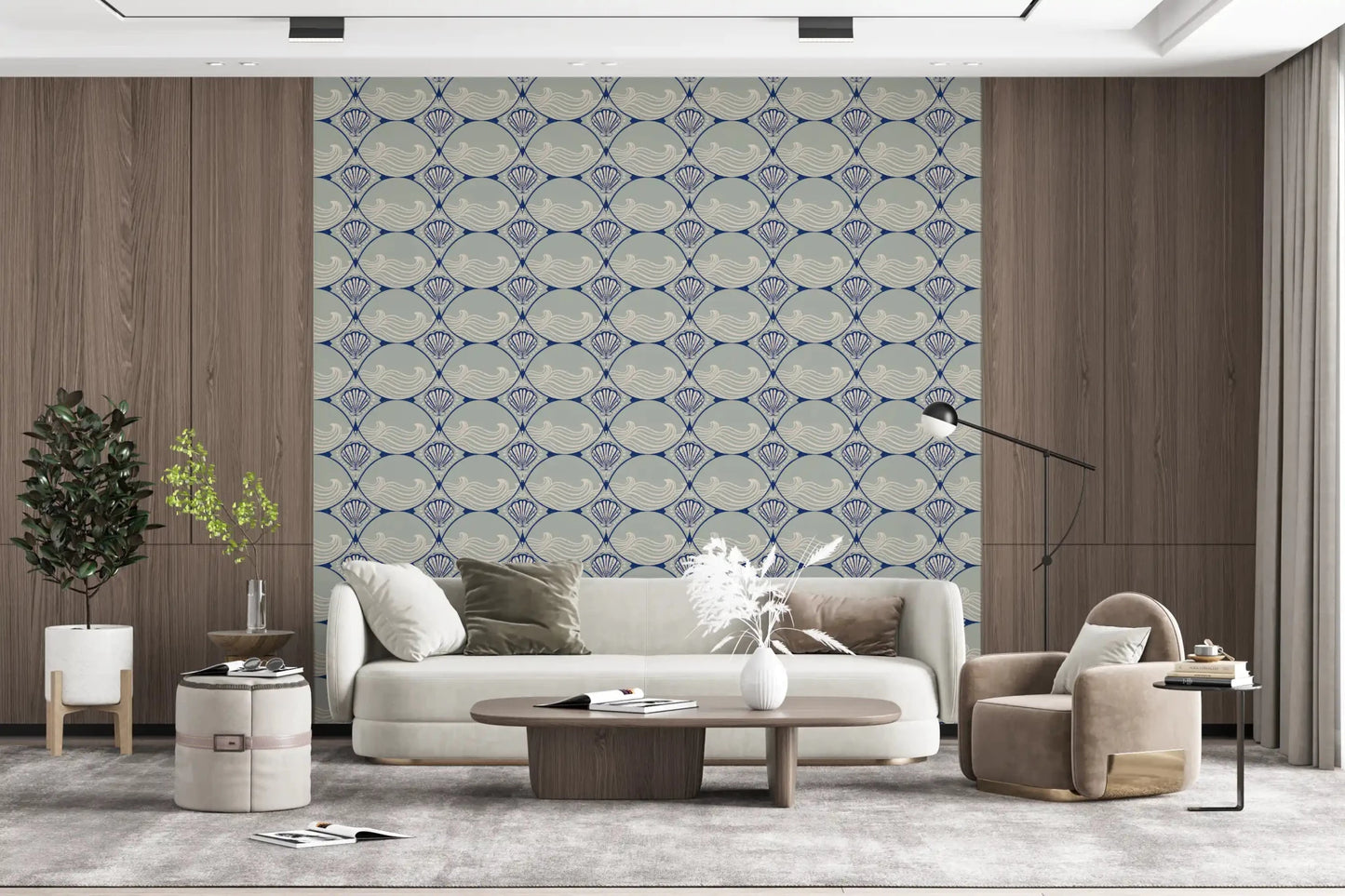 Living room showcasing the Seaside Serenity Scallop Wallpaper view.