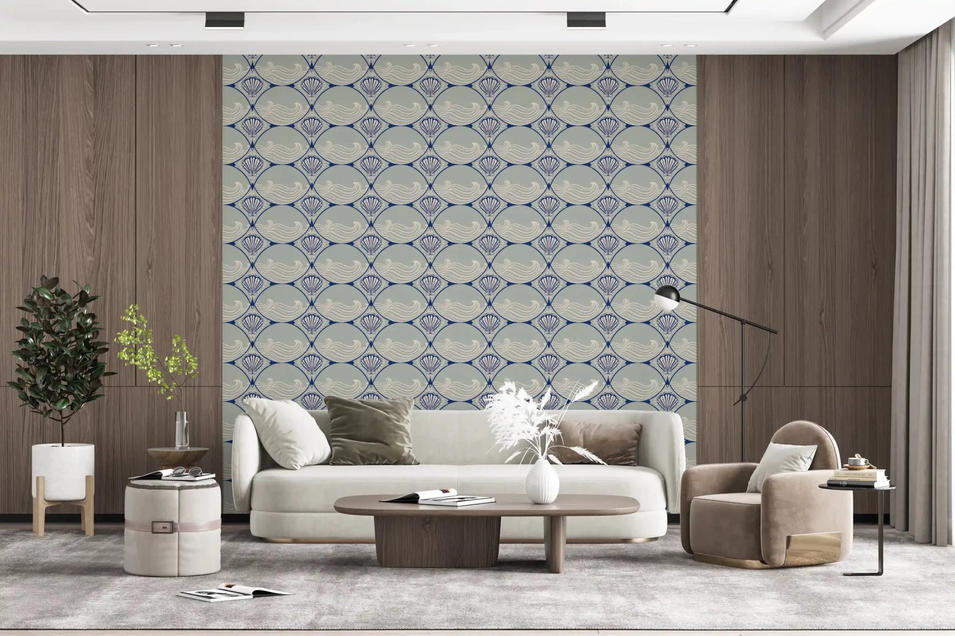 Living room showcasing the Seaside Serenity Scallop Wallpaper view.