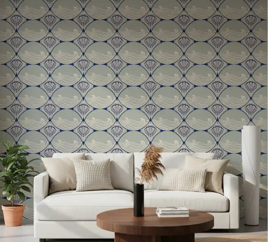Living room wall accented by the repeating Seaside Serenity Scallop Wallpaper theme., GD9093