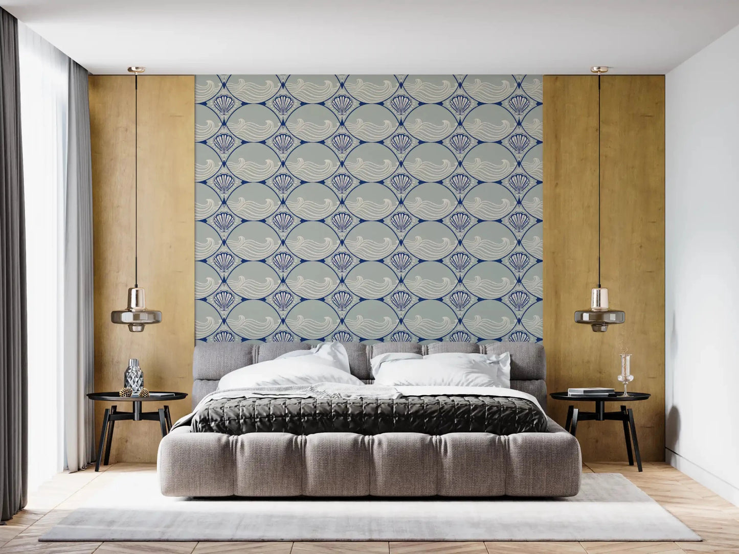 The continuous repeating pattern of the Seaside Serenity Scallop Wallpaper material.