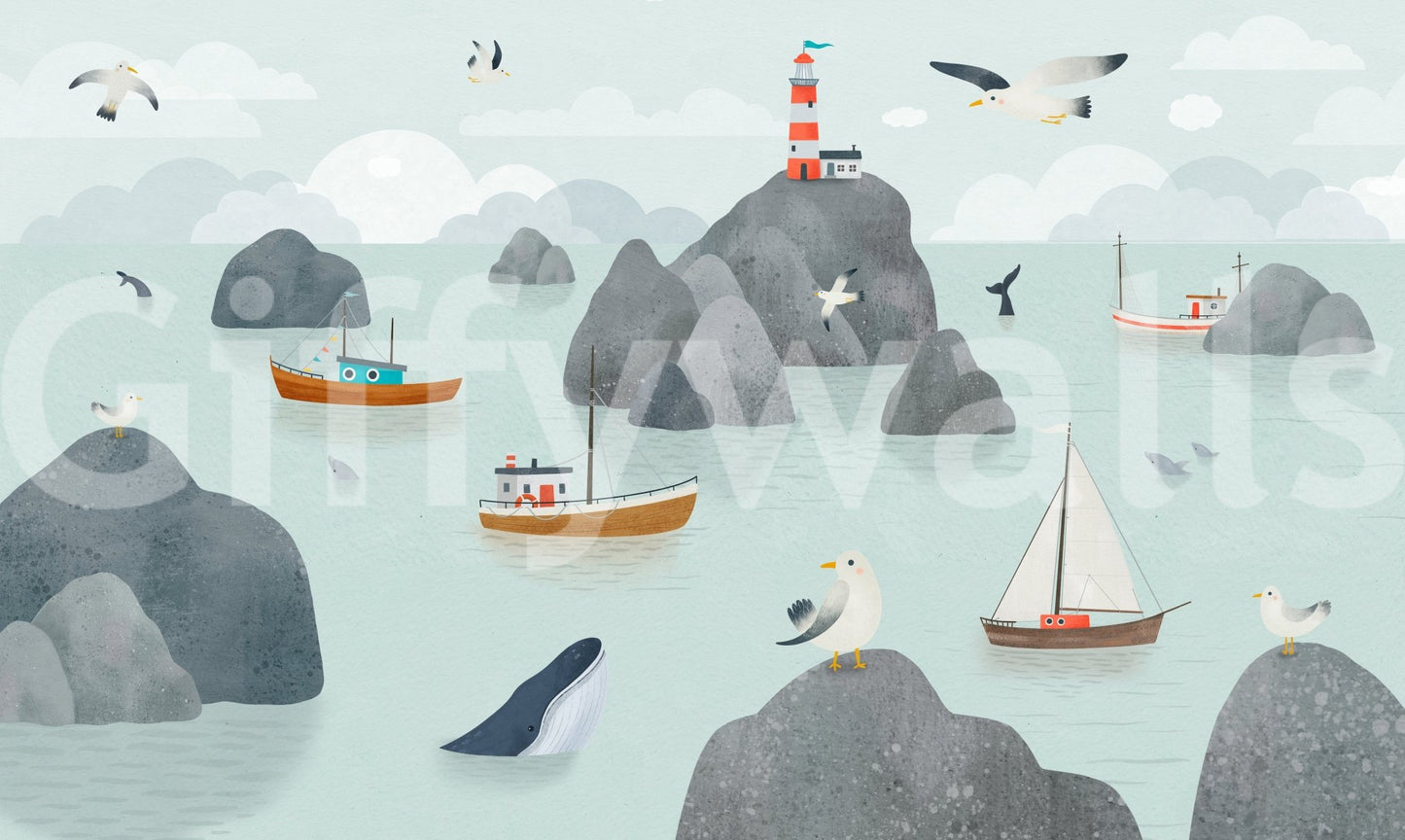 Living room with Seaside Stories Wall Mural and lighthouse scene, GD9196