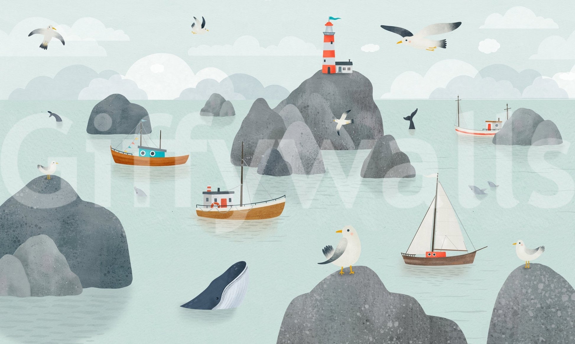 Living room with Seaside Stories Wall Mural and lighthouse scene, GD9196