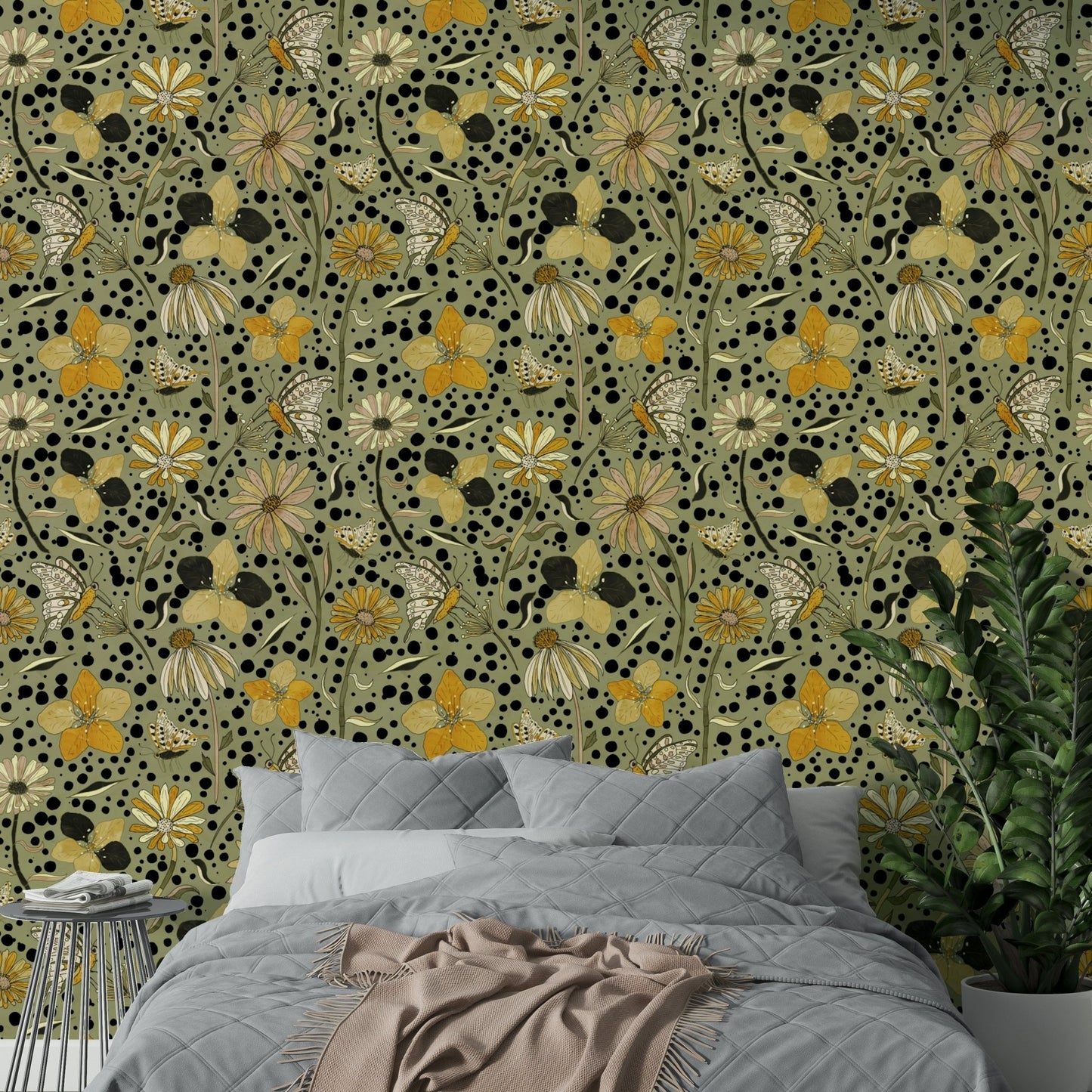 Whimsical wallpaper showing butterflies in a secret garden.

