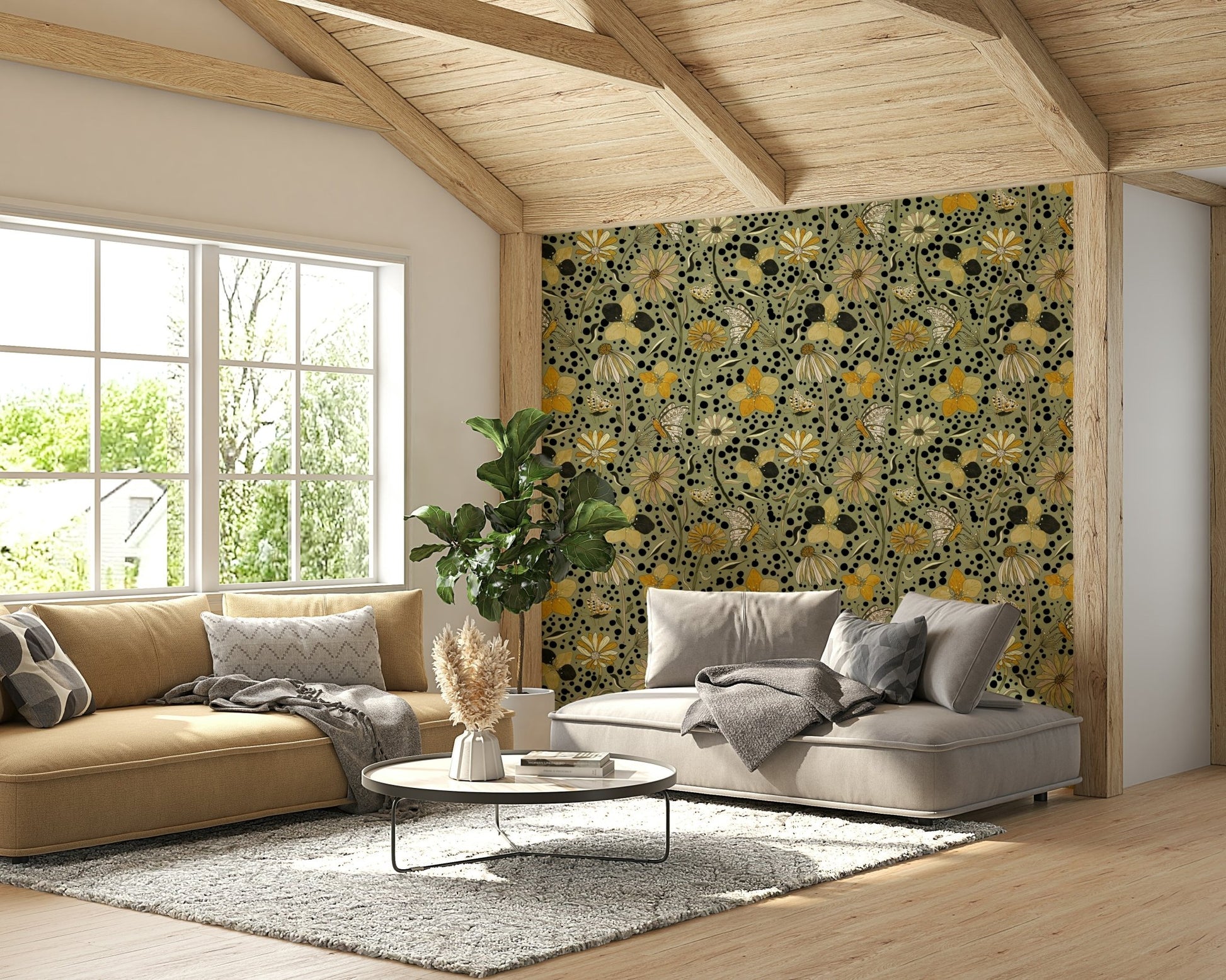 Magical floral wallpaper with subtle butterfly illustrations.

