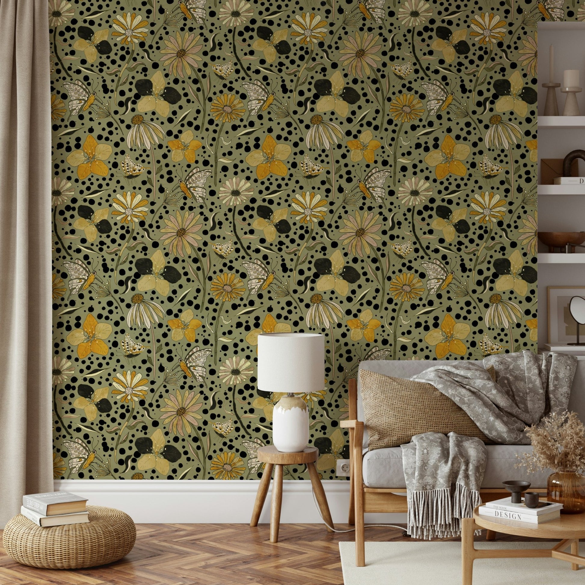 Soft floral wallpaper with delicate butterflies fluttering.

