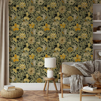 Soft floral wallpaper with delicate butterflies fluttering.

