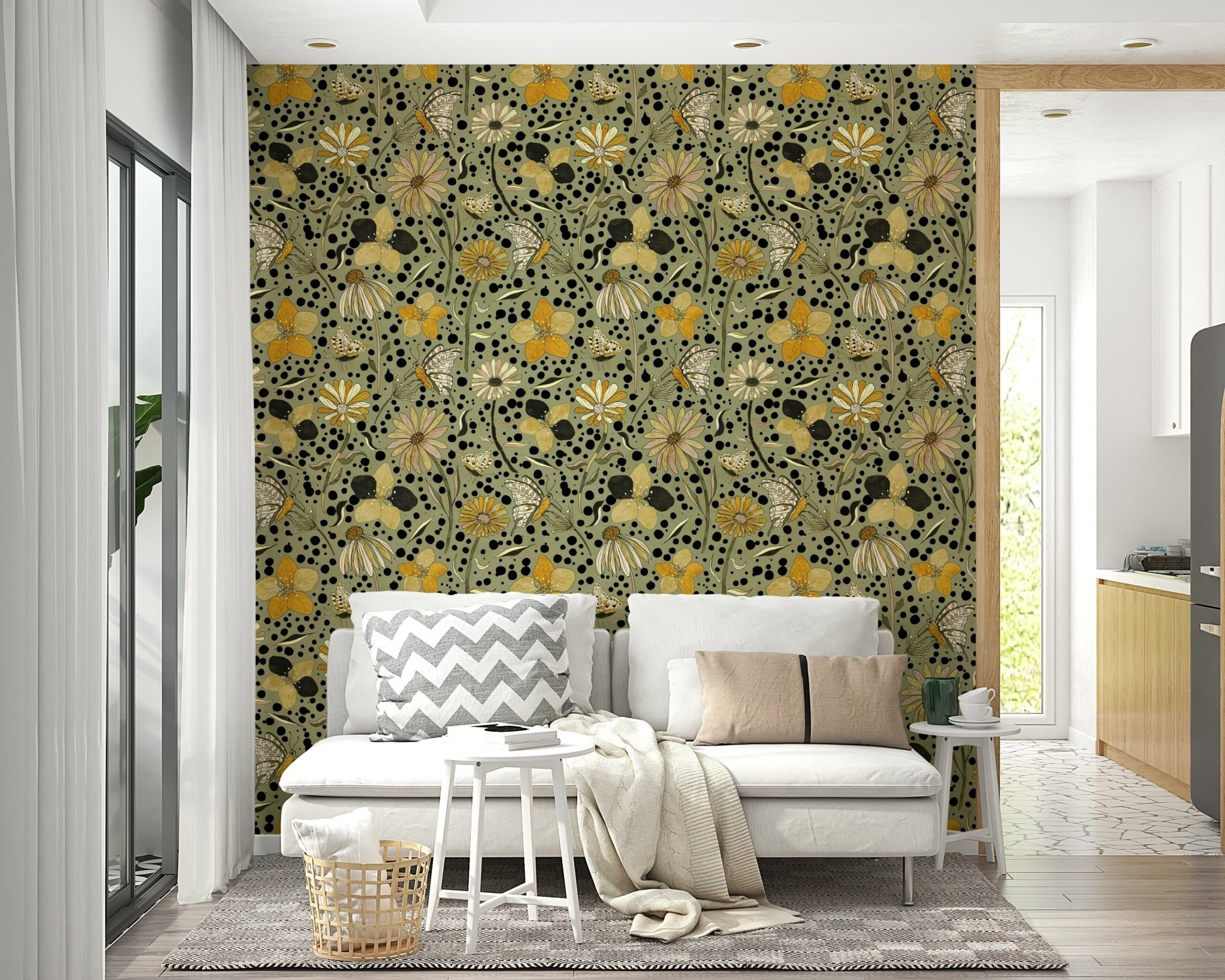 Enchanted garden wallpaper with butterflies and hidden flowers.


