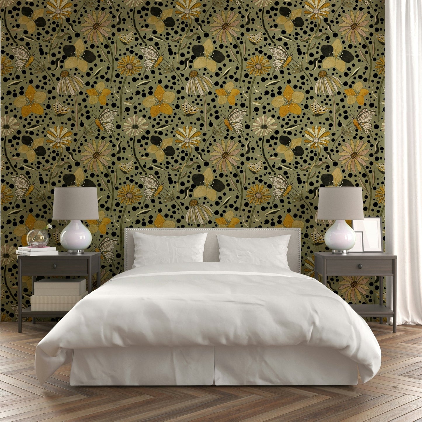 Ethereal wallpaper design of fluttering wings in foliage.

