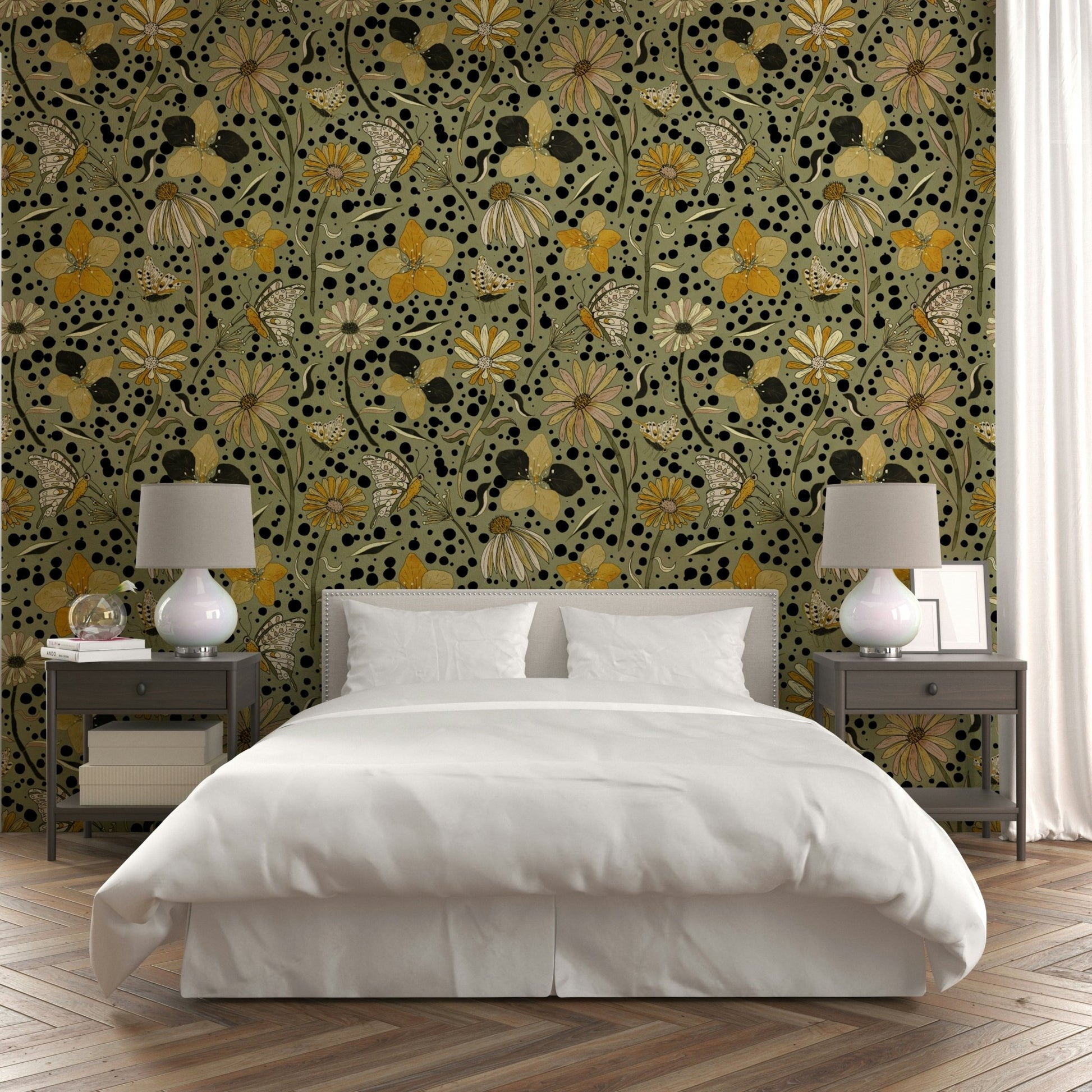 Ethereal wallpaper design of fluttering wings in foliage.

