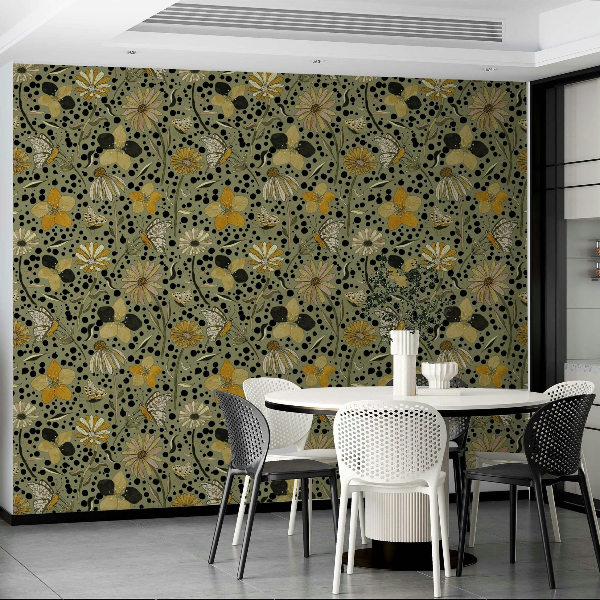Nature-themed wallpaper with butterflies in soft pastels.

