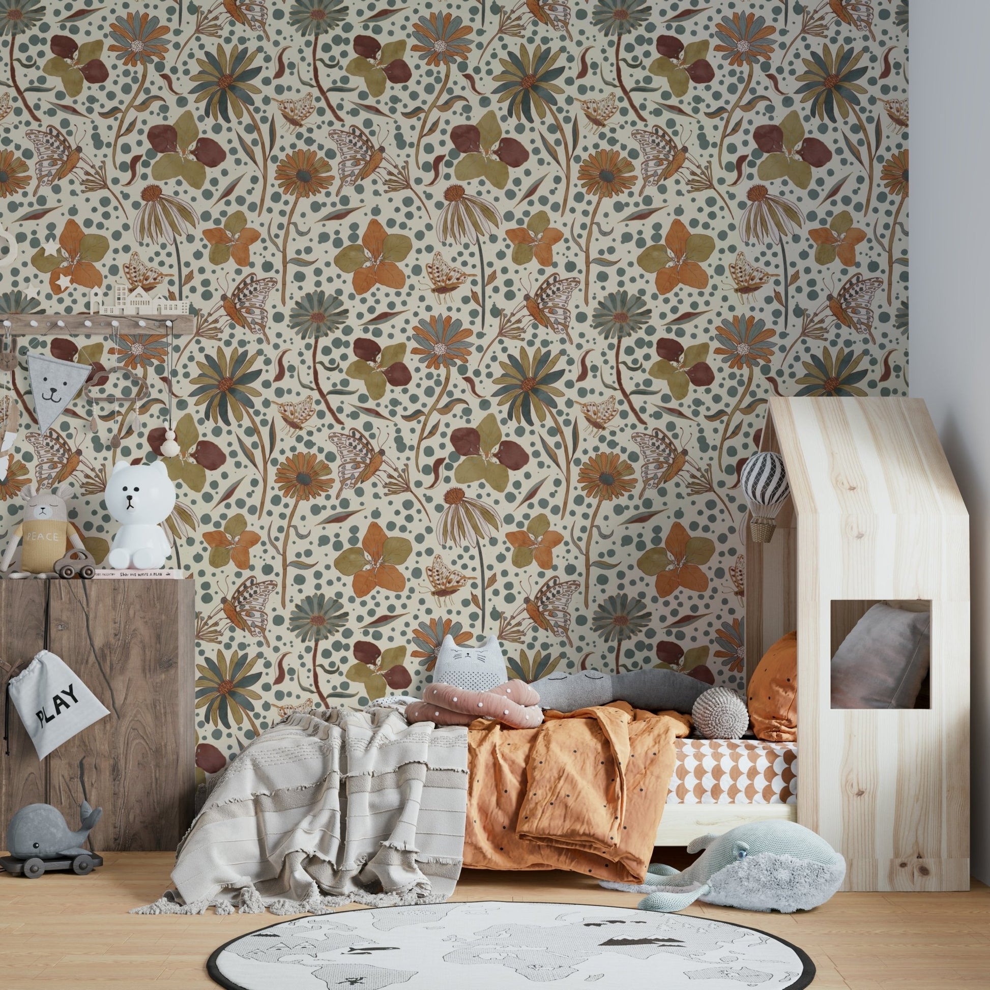 Warm-toned wallpaper showing butterflies in a fall garden.

