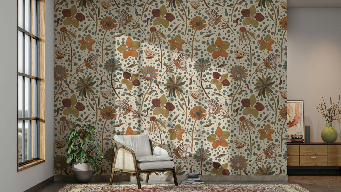 Rustic floral wallpaper with hints of gold and butterflies.

