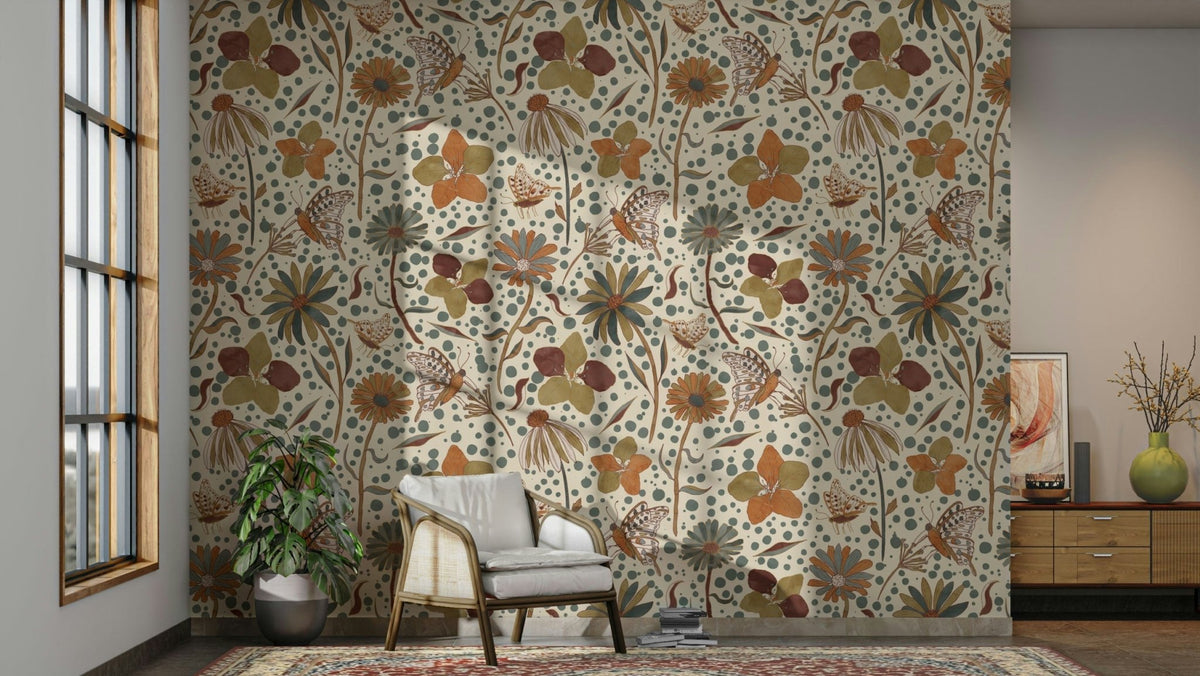Rustic floral wallpaper with hints of gold and butterflies., GD1694