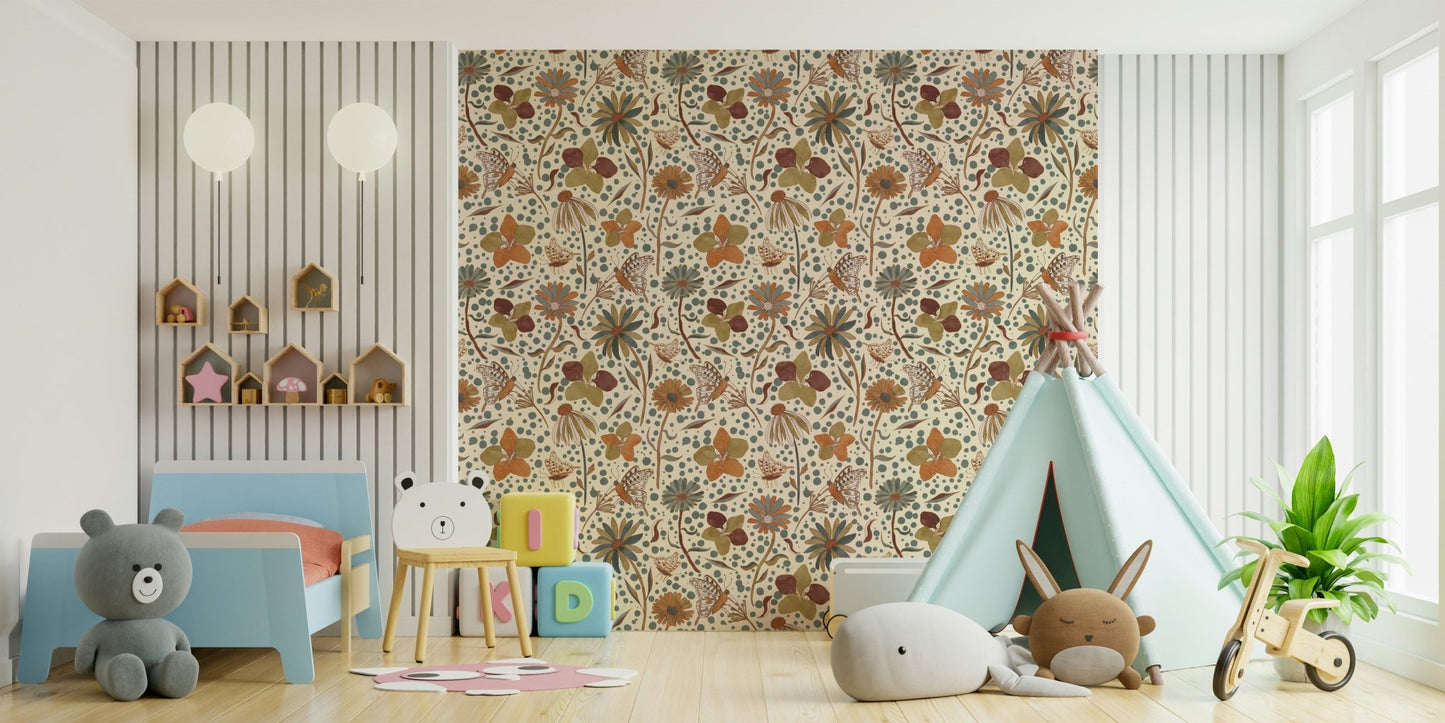 Hand-drawn butterflies in a warm autumn floral setting.

