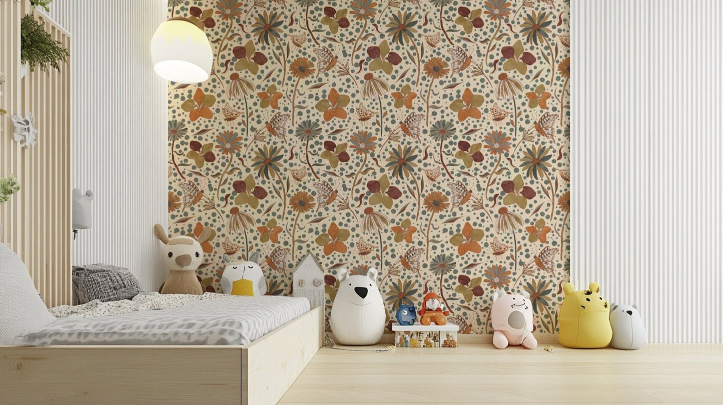 Earthy wallpaper featuring butterflies among fading leaves.

