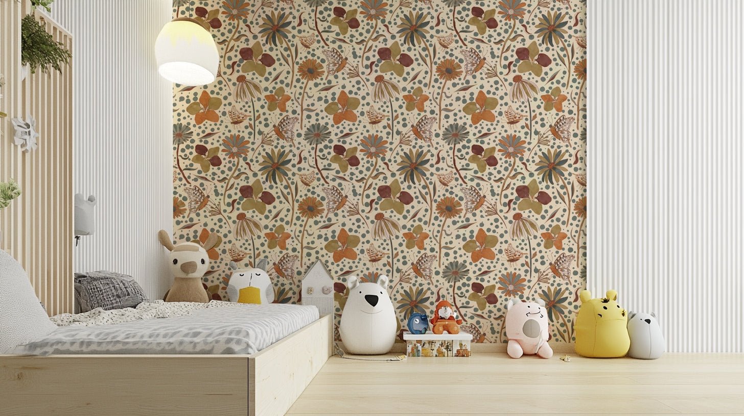 Earthy wallpaper featuring butterflies among fading leaves.

