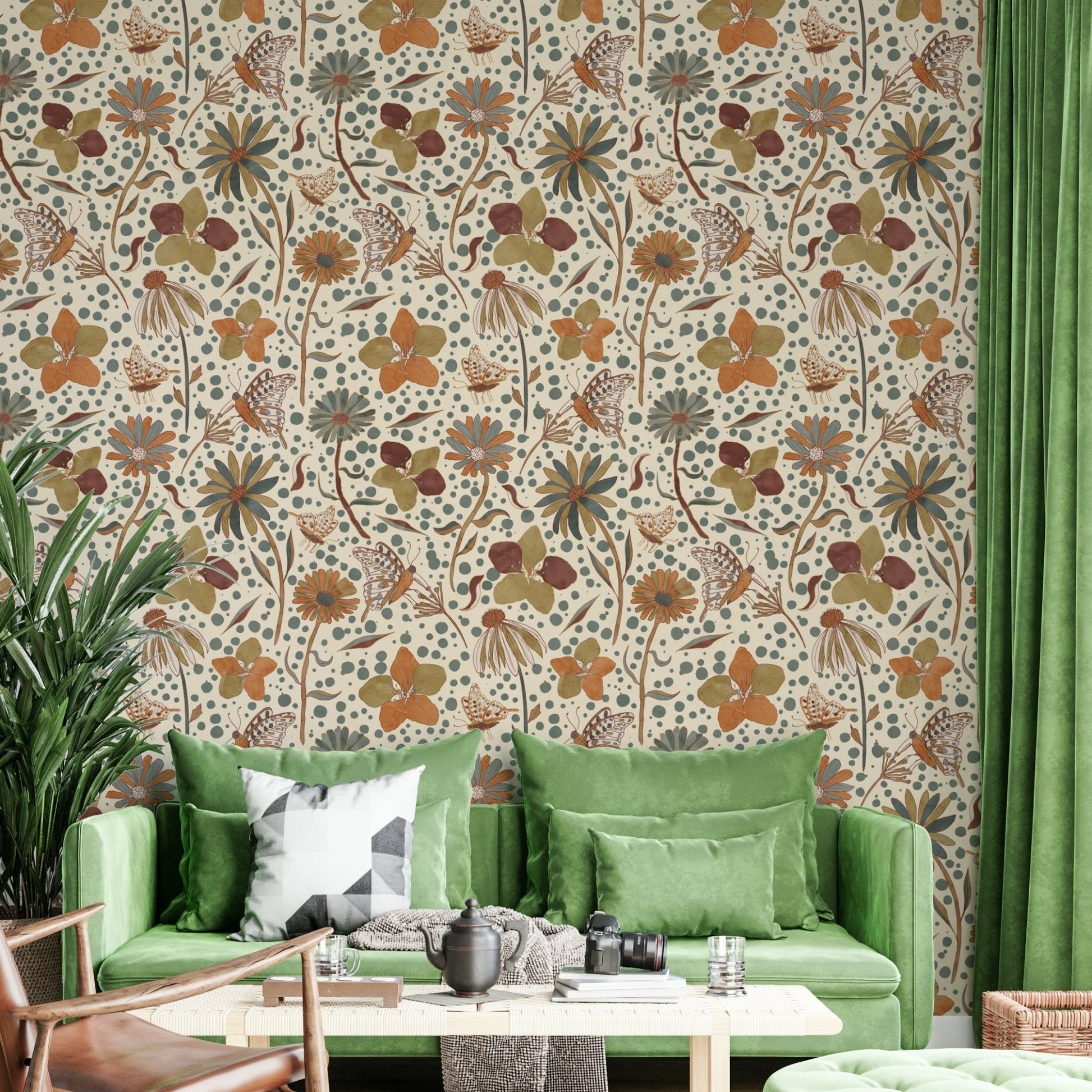 Fall foliage wallpaper with fluttering butterflies and florals.

