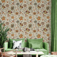 Fall foliage wallpaper with fluttering butterflies and florals.

