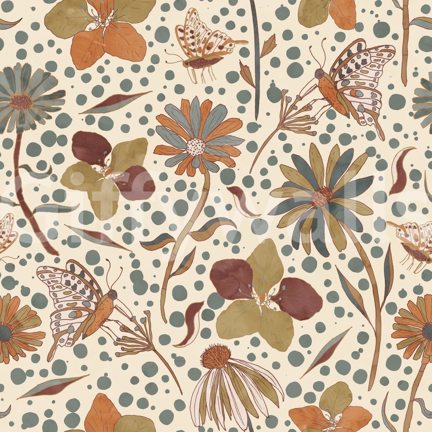 Elegant wallpaper with autumn colors and garden-inspired bugs.

