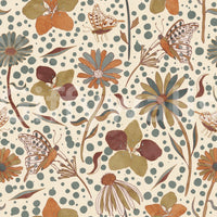 Elegant wallpaper with autumn colors and garden-inspired bugs.


