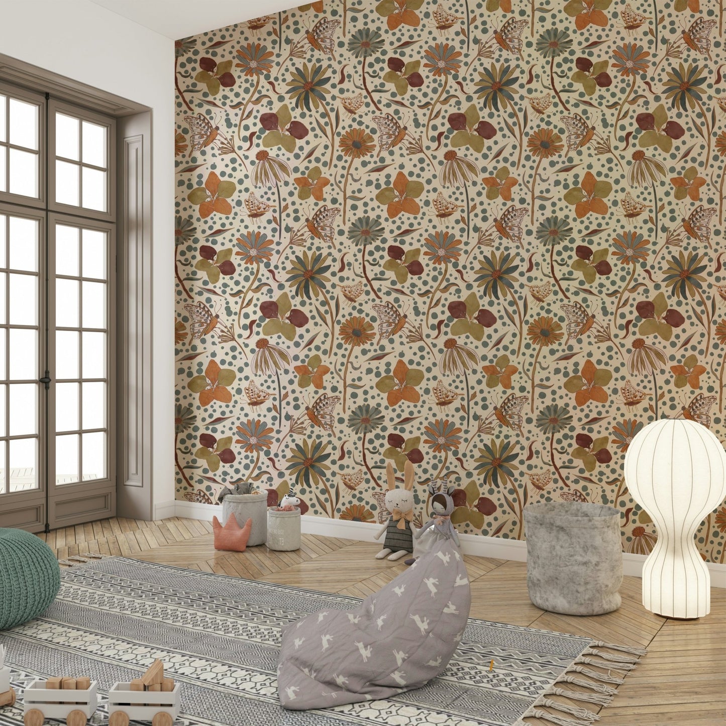Autumn-inspired wallpaper with butterflies and golden florals.

