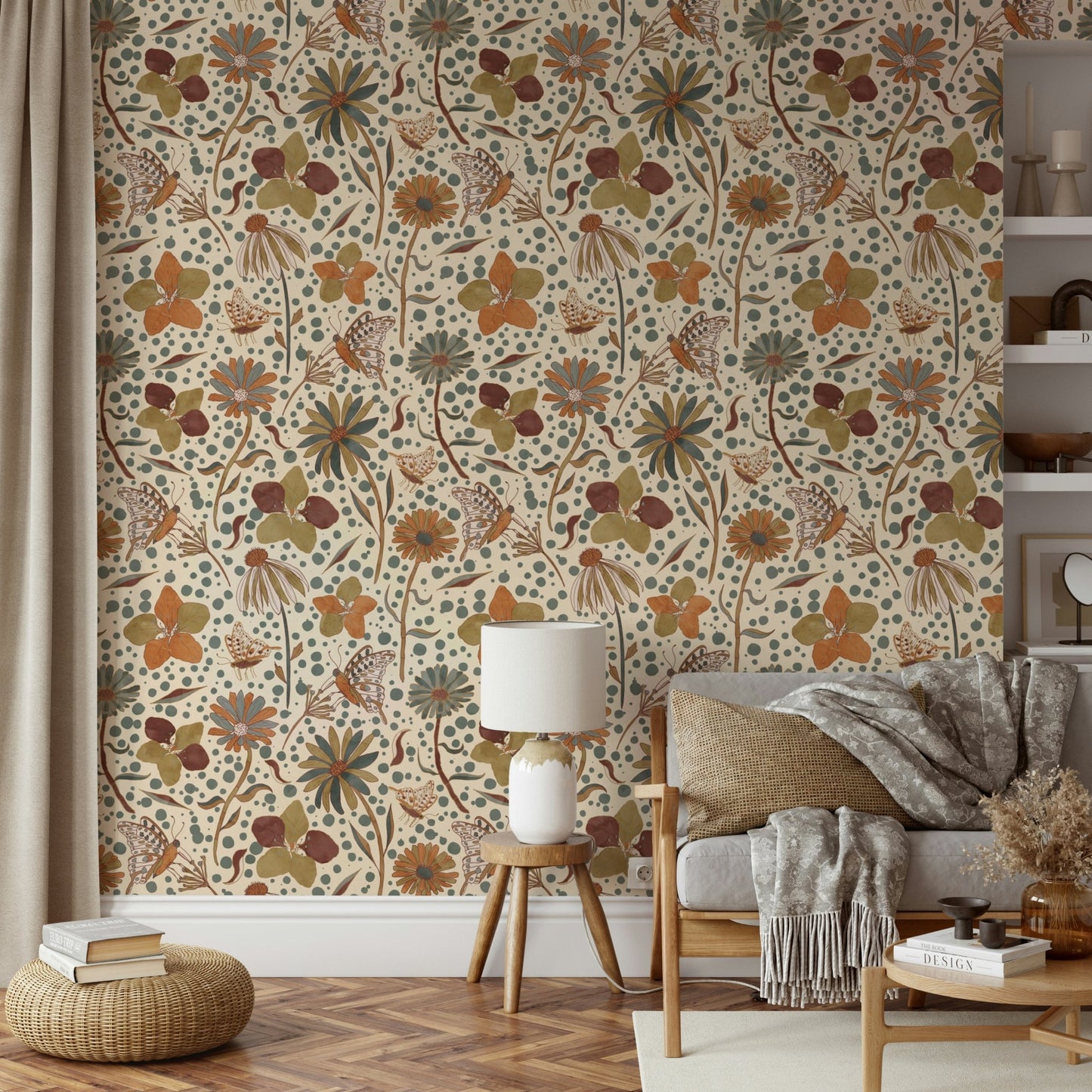 Dreamy wallpaper showing butterflies in amber and rust tones.

