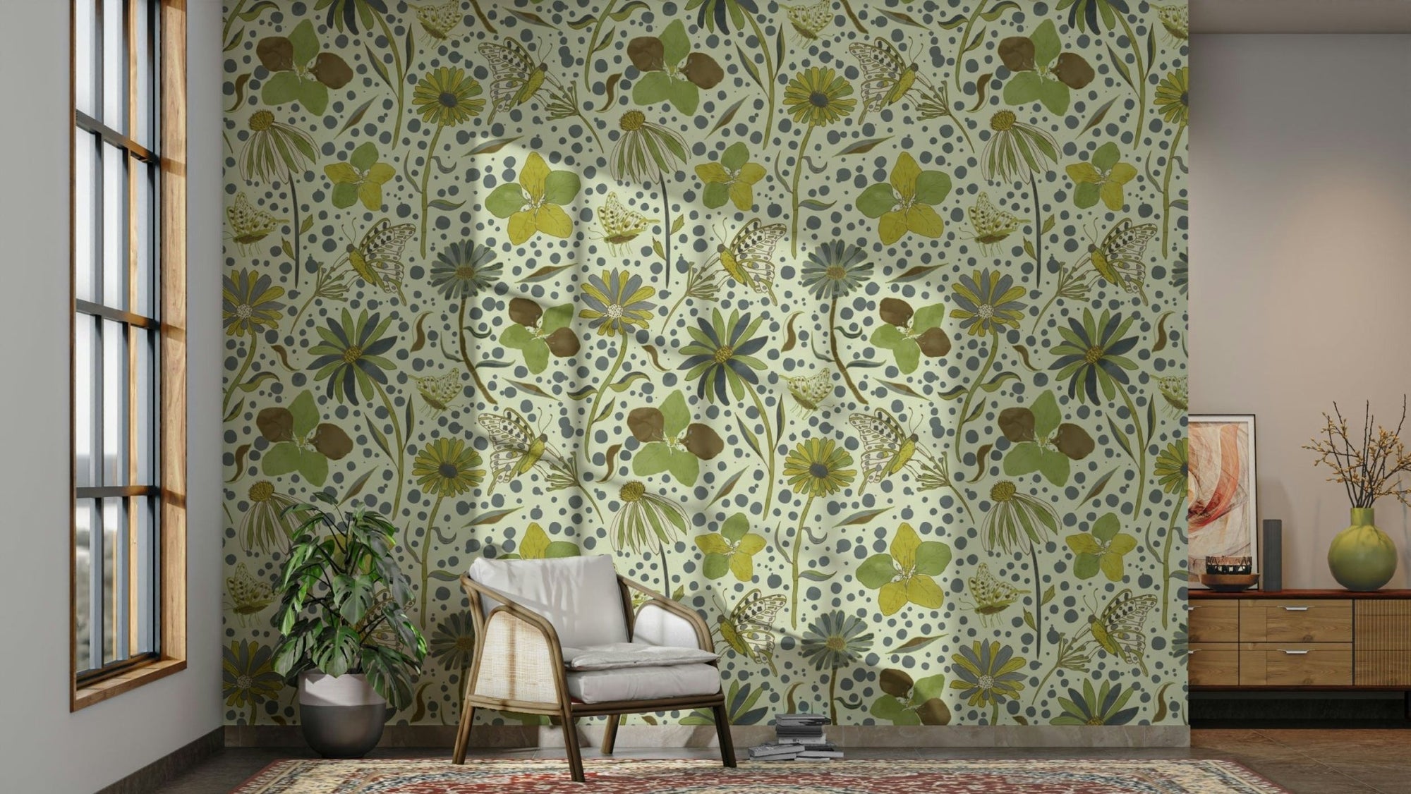 Seamless pattern wallpaper with a light green background. GD3307

