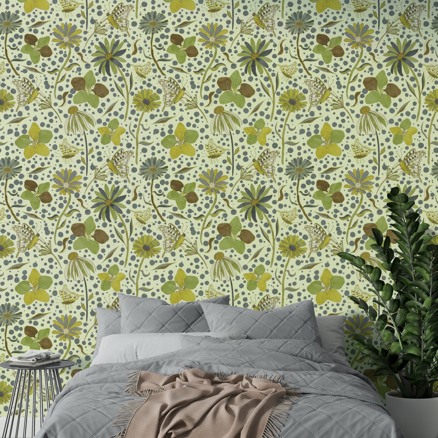 Design featuring butterflies, flowers, and scattered dots.

