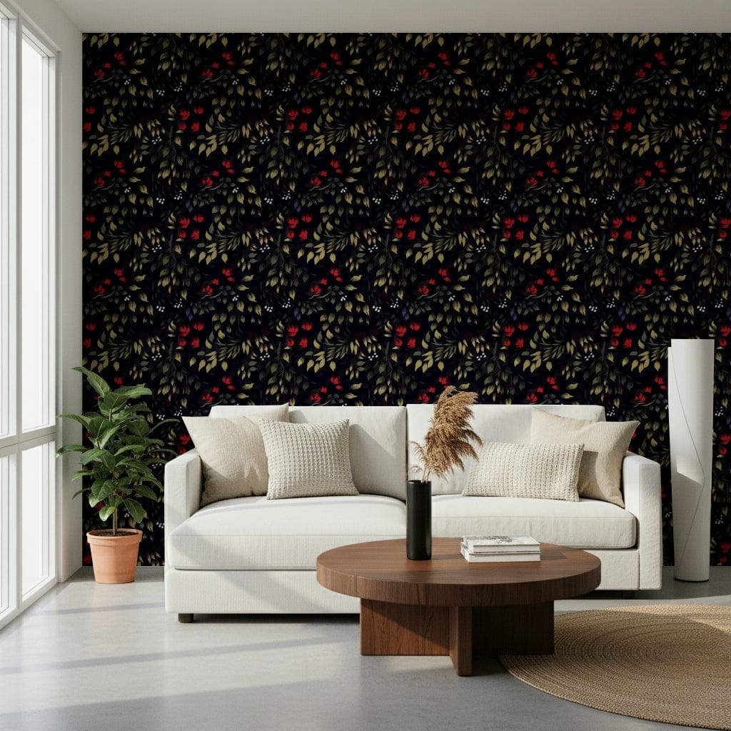 Dark floral design of the Secret Garden Noir Wallpaper.