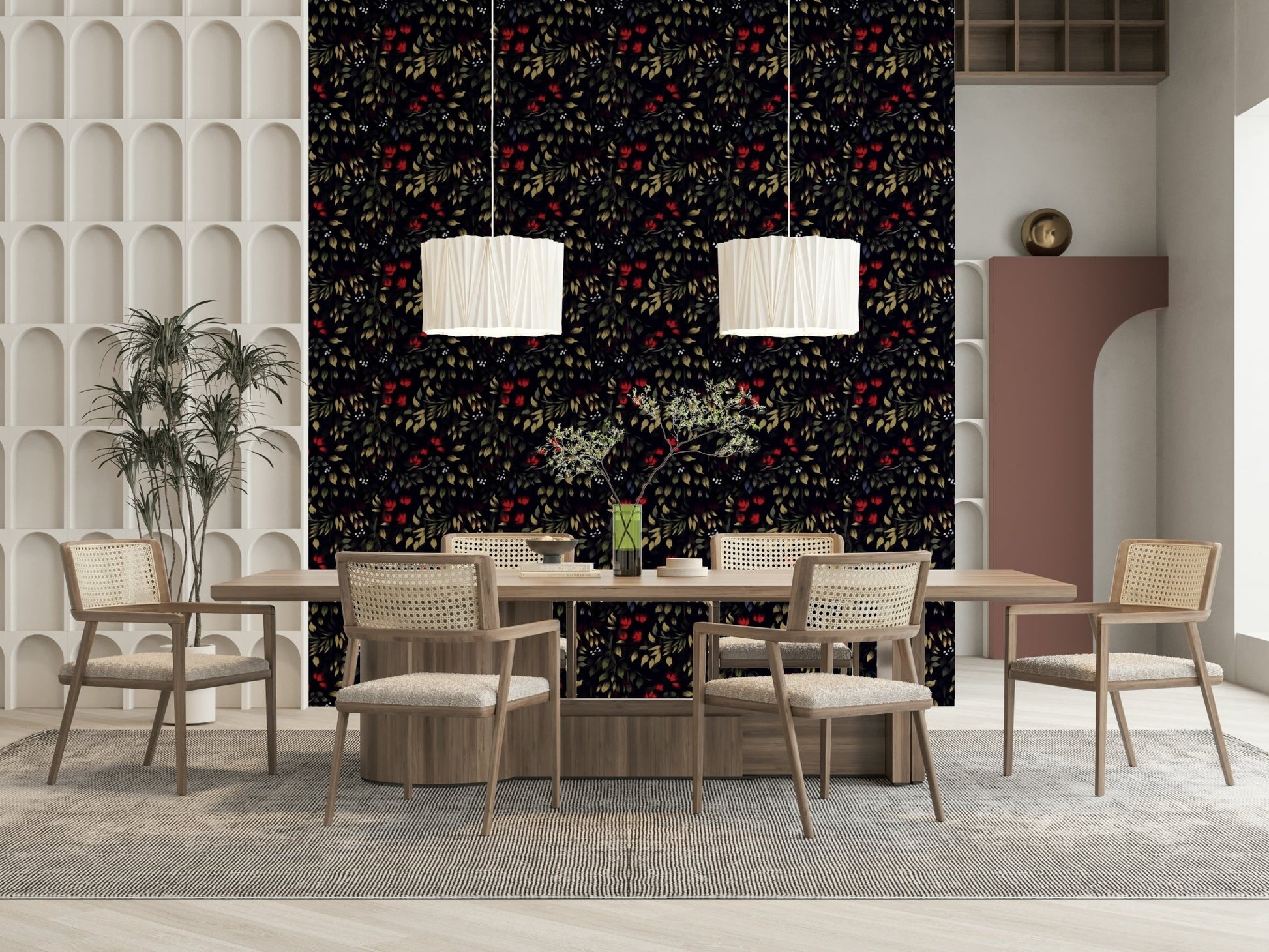 Interior space featuring the mysterious Secret Garden Noir Wallpaper.
