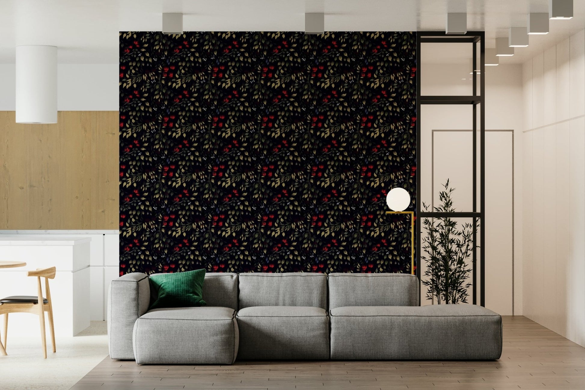 Detailed botanical pattern of the Secret Garden Noir Wallpaper.
