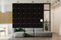 Detailed botanical pattern of the Secret Garden Noir Wallpaper.