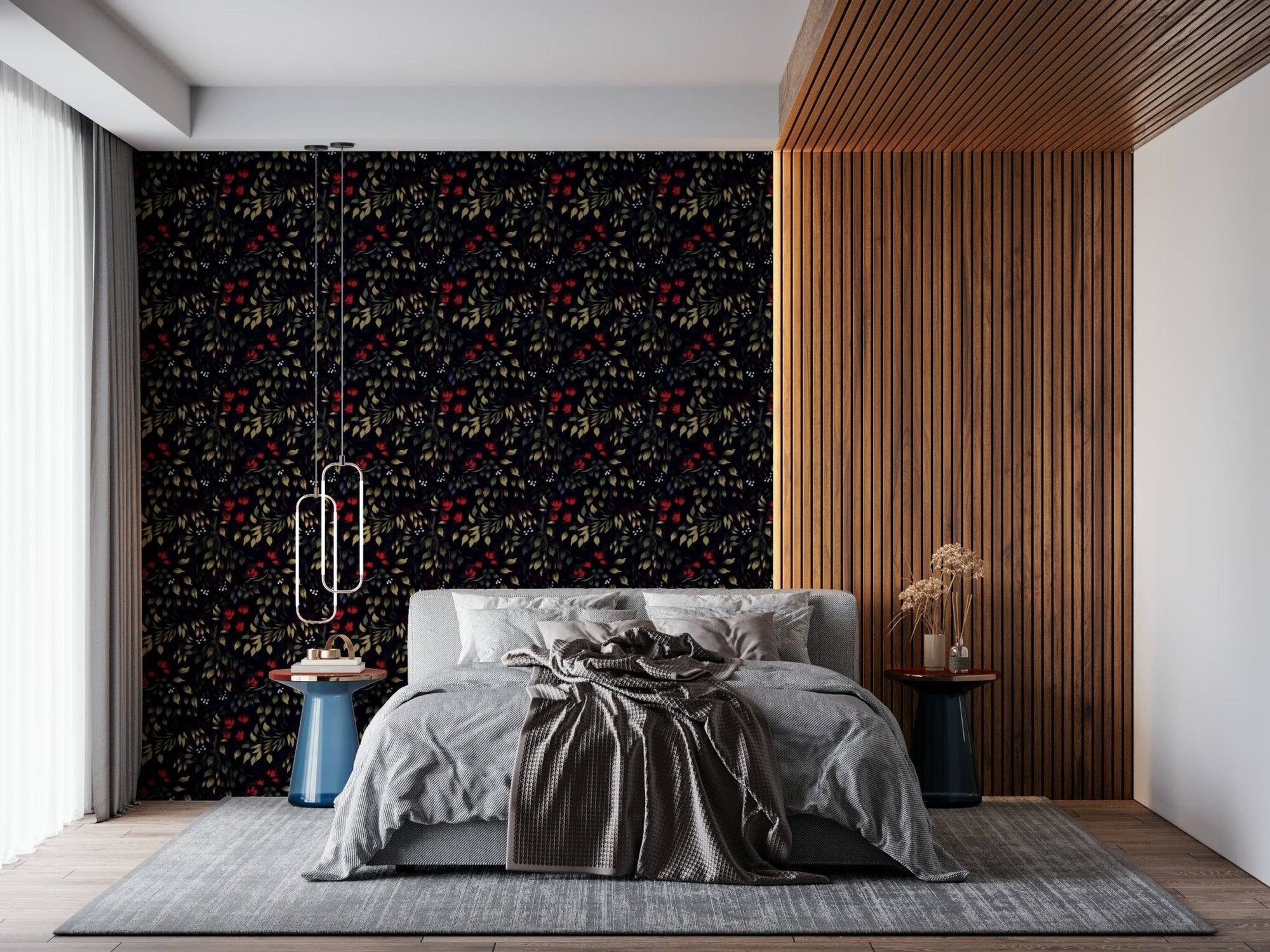Secret Garden Noir Wallpaper in a luxurious bedroom., GD6258