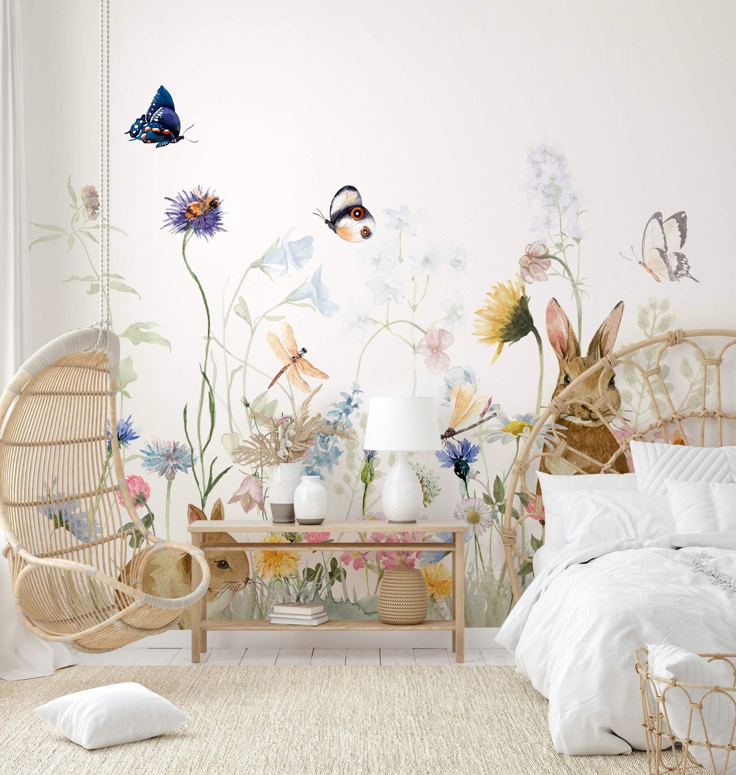 Playful rabbits in a garden mural perfect for nurseries., GD1246