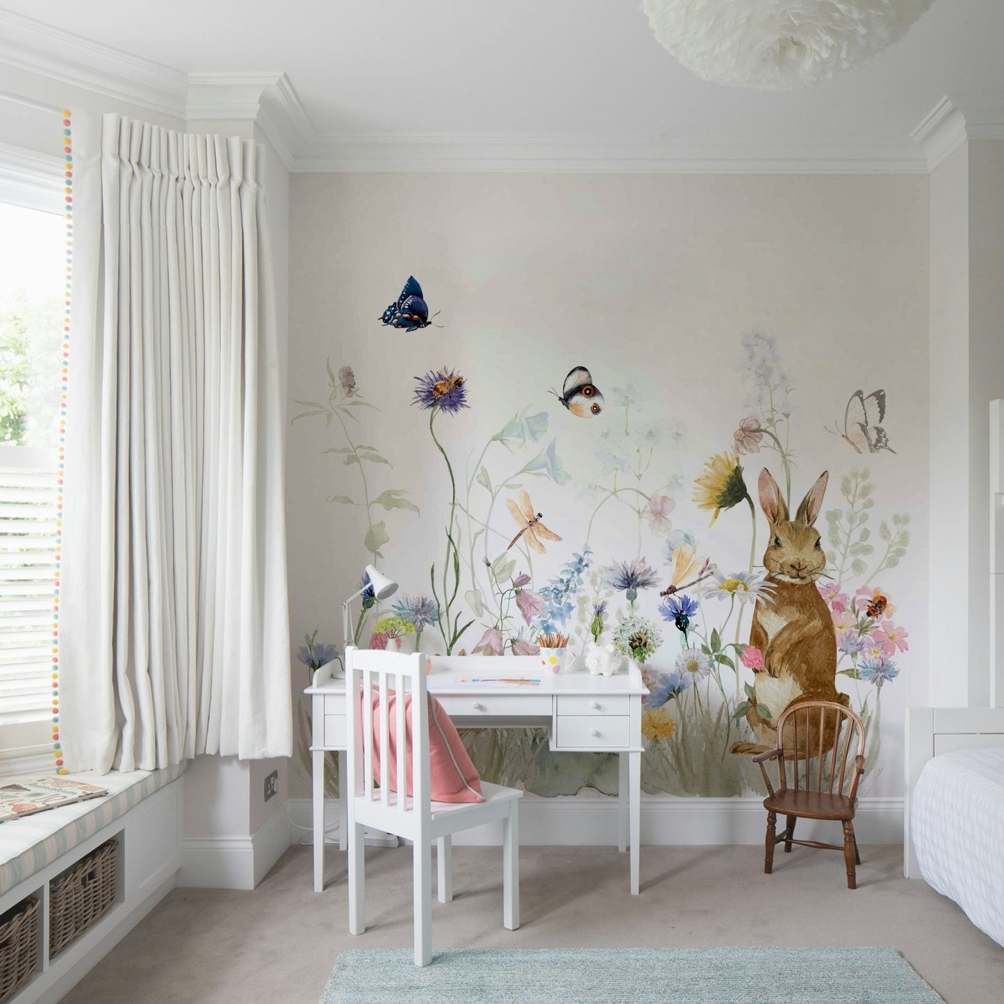 Secret Garden Mural featuring adorable rabbits and flowers., GD1246