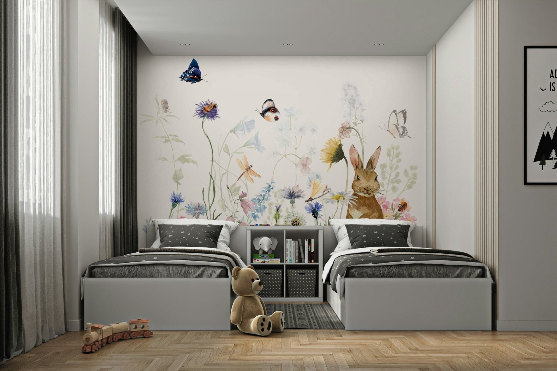 Nature-themed mural with bunnies for a whimsical touch., GD1246