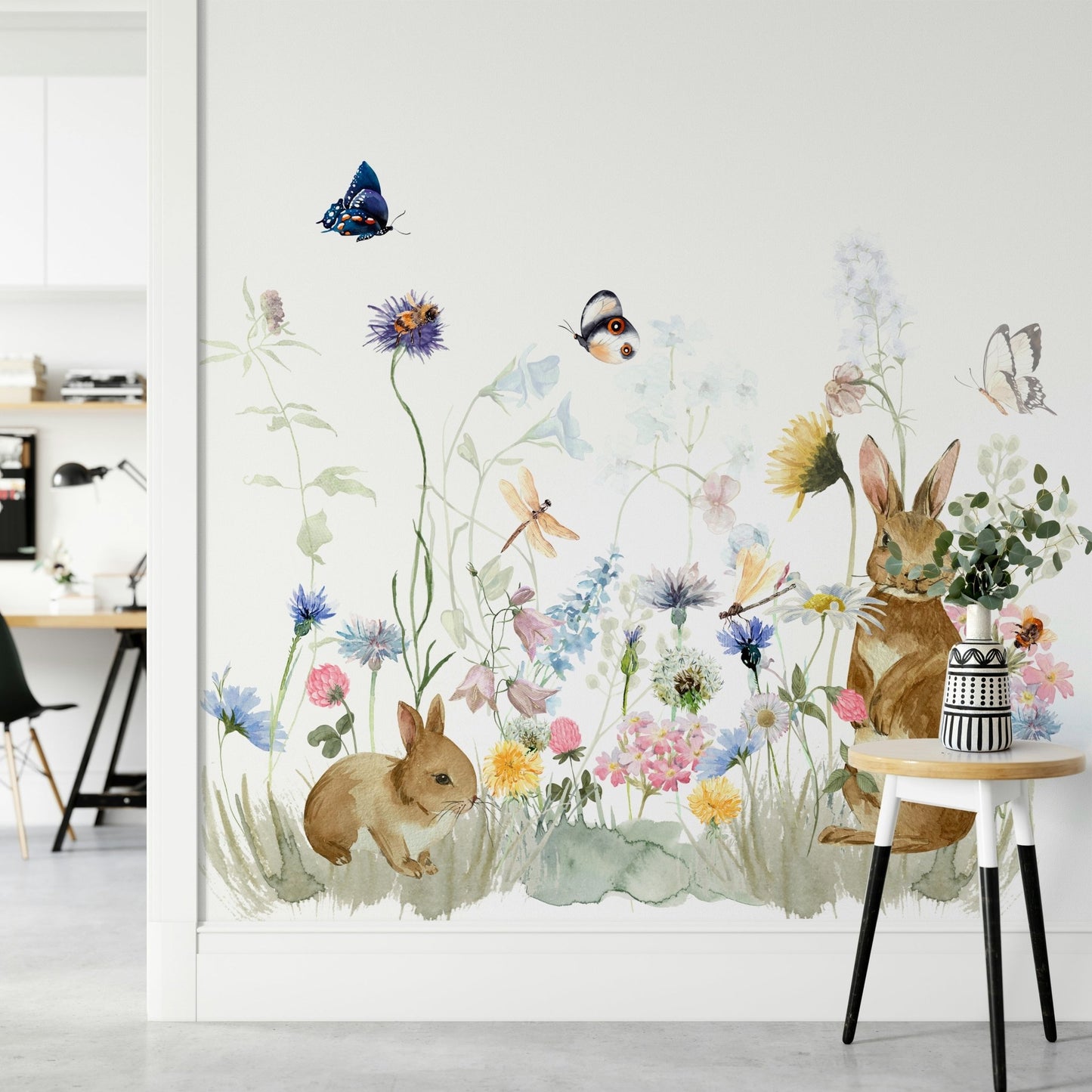 Peaceful rabbit-filled garden mural for home walls., GD1246