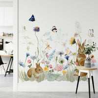 Peaceful rabbit-filled garden mural for home walls., GD1246
