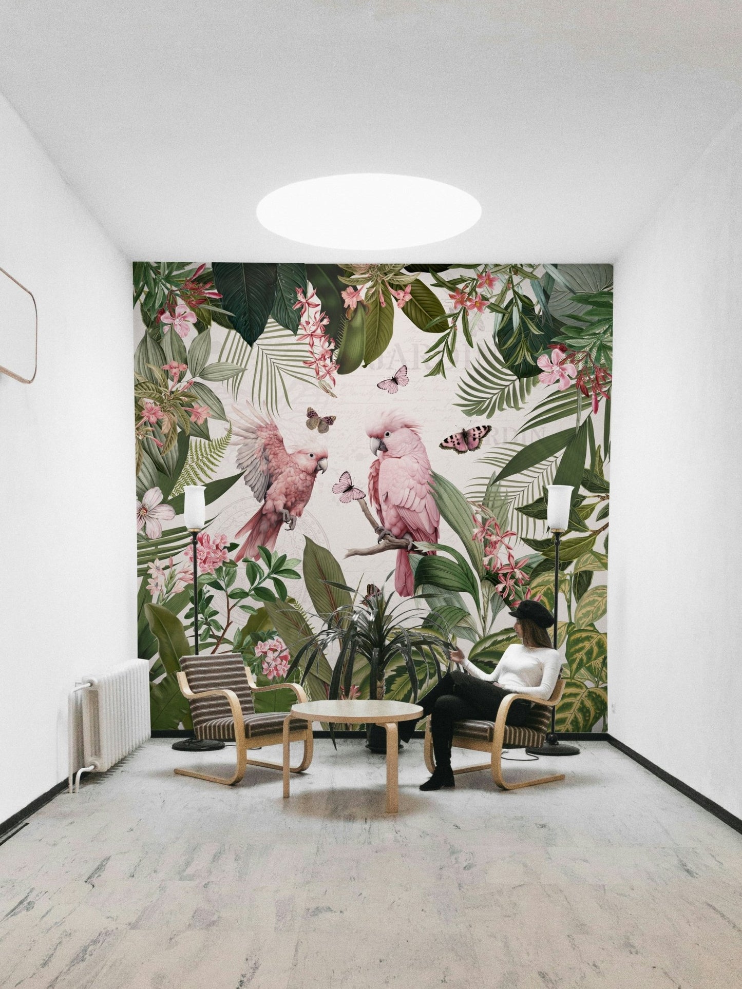 Elegant wall mural with soft greens and florals

