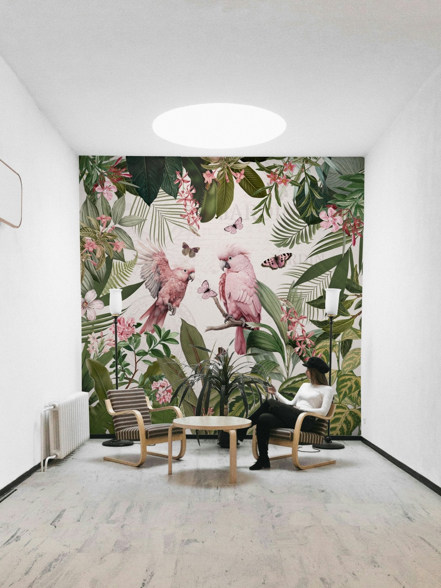 Elegant wall mural with soft greens and florals

