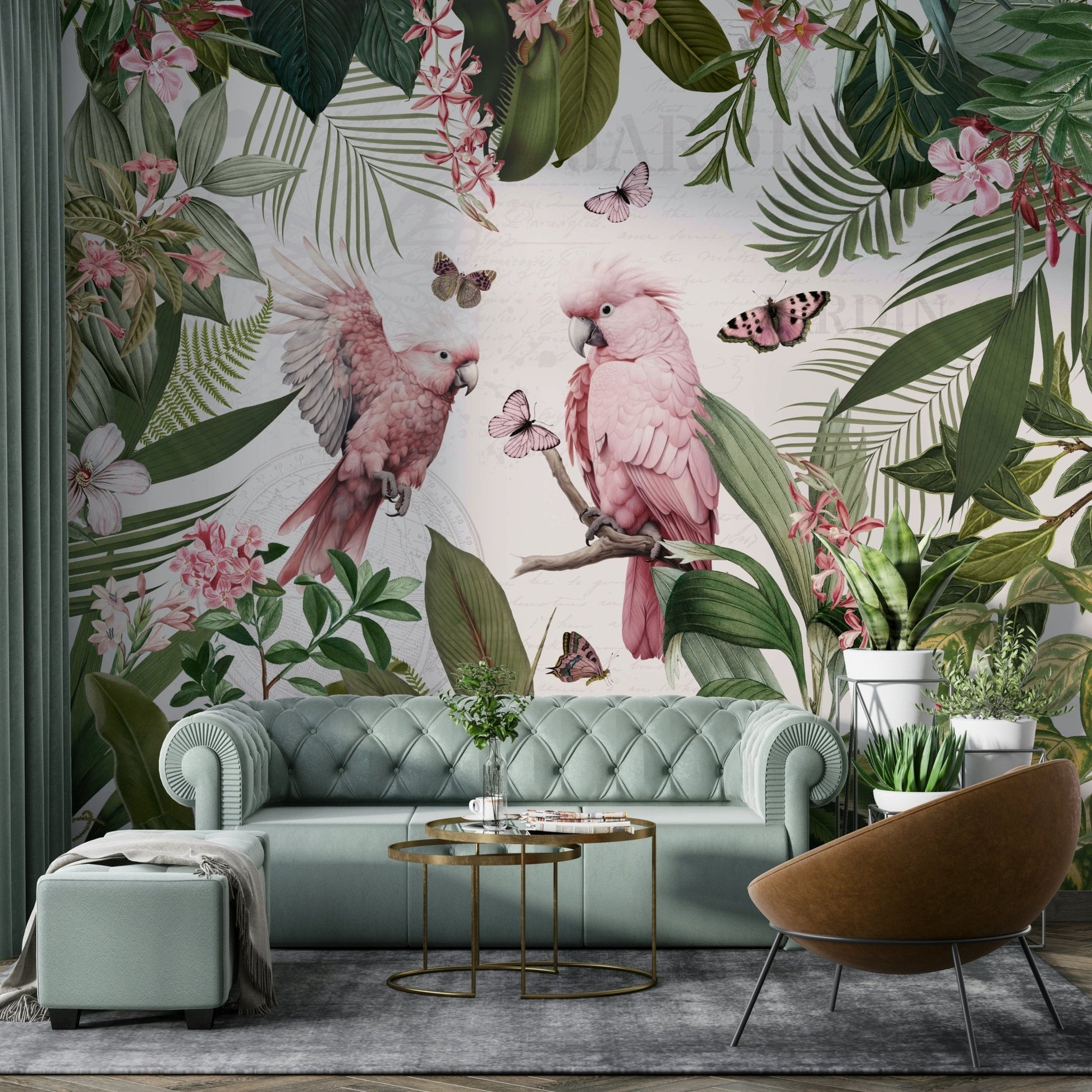 Botanical mural with lush foliage and blossoms

