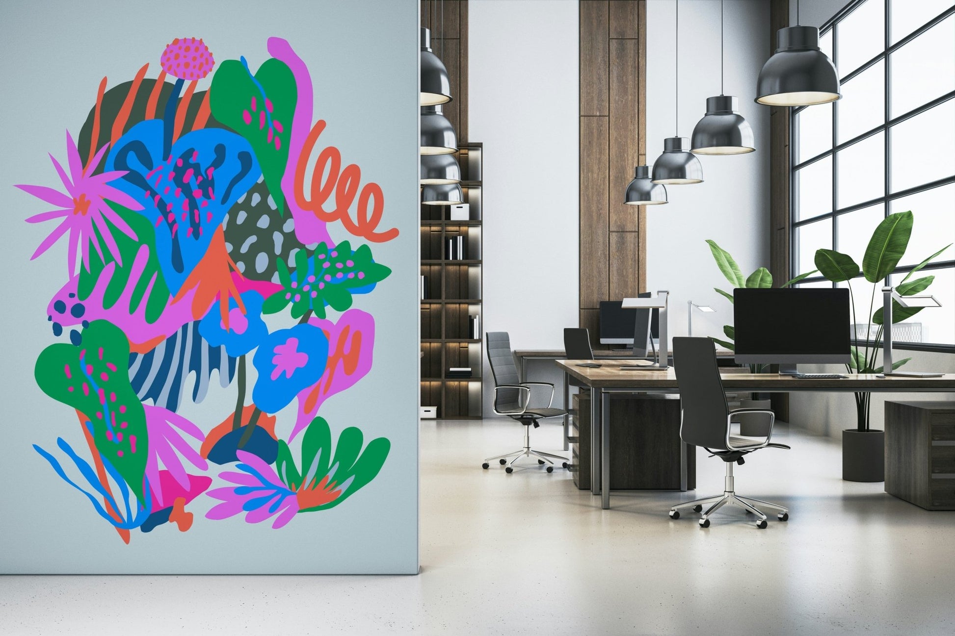 A peaceful woodland vista mural on decorative wallpaper.